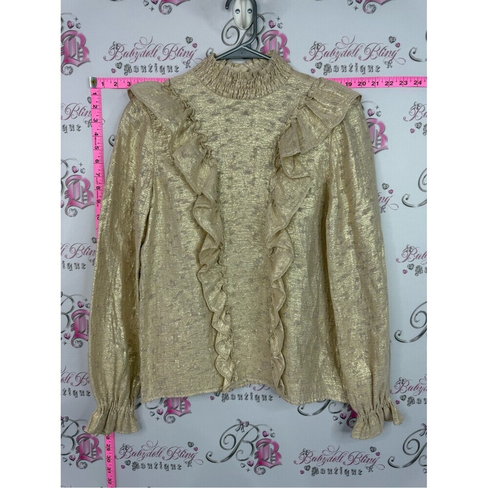 Sezane blouse Paris gold ruffle Metallic Gold Ruffle Long-Sleeve Top